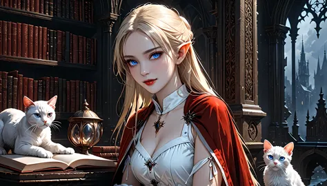 arafed a picture of elf vampire in her castle and her pet epic cat an exquisite beautiful female elf vampire (ultra details, Mas...