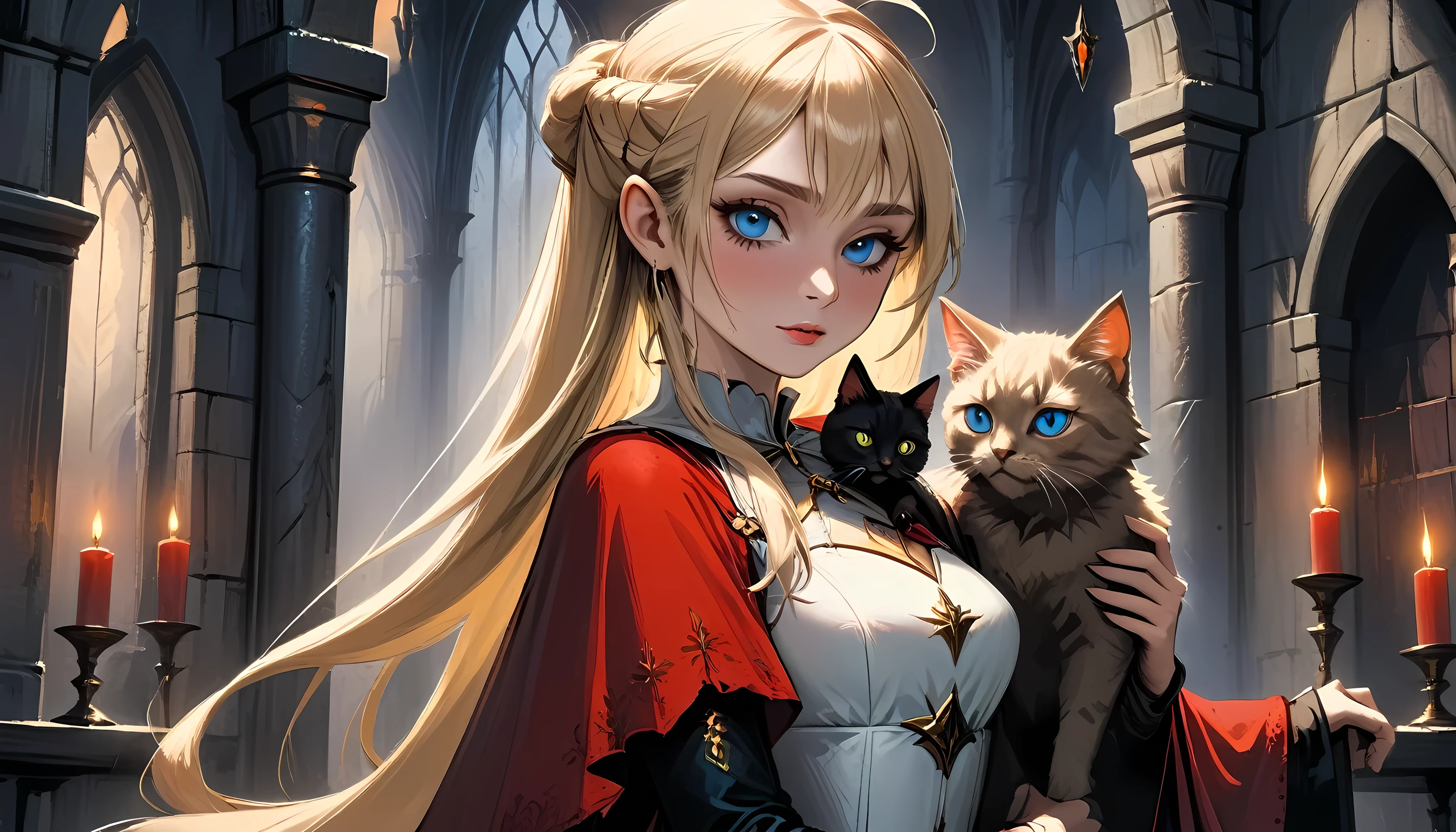 Arafed ein Bild von Elf Vampir in ihrem Schloss und ihre Haustier epische Katze eine exquisite schöne weibliche Elf Vampir (ultra details, Meisterwerk, beste Qualität), blutiger Mund, blonde Haare, blasse Haut, Haare in einem Pferdeschwanz, lange Haare, blaue Augen, Kalte Augen, grinsend, trägt weißes Kleid (ultra details, Meisterwerk, beste Qualität), Roter Umhang, in der Dark Fantasy Bibliothek, mit einem ((Große Katze: 1.3)) (ultra details, Meisterwerk, beste Qualität: 1.5) Bücherregale, Arafed hohe Details, beste Qualität, 16k, [Extrem detailliert], Meisterwerk, beste Qualität, (Extrem detailliert), Ganzkörper, Ultraweite Aufnahme, Fotorealismus, roh, Dunkle Fantasy-Kunst, gotische Kunst, Gepanzertes Kleid, dunkler Roman, Malstil der dunklen Kunst