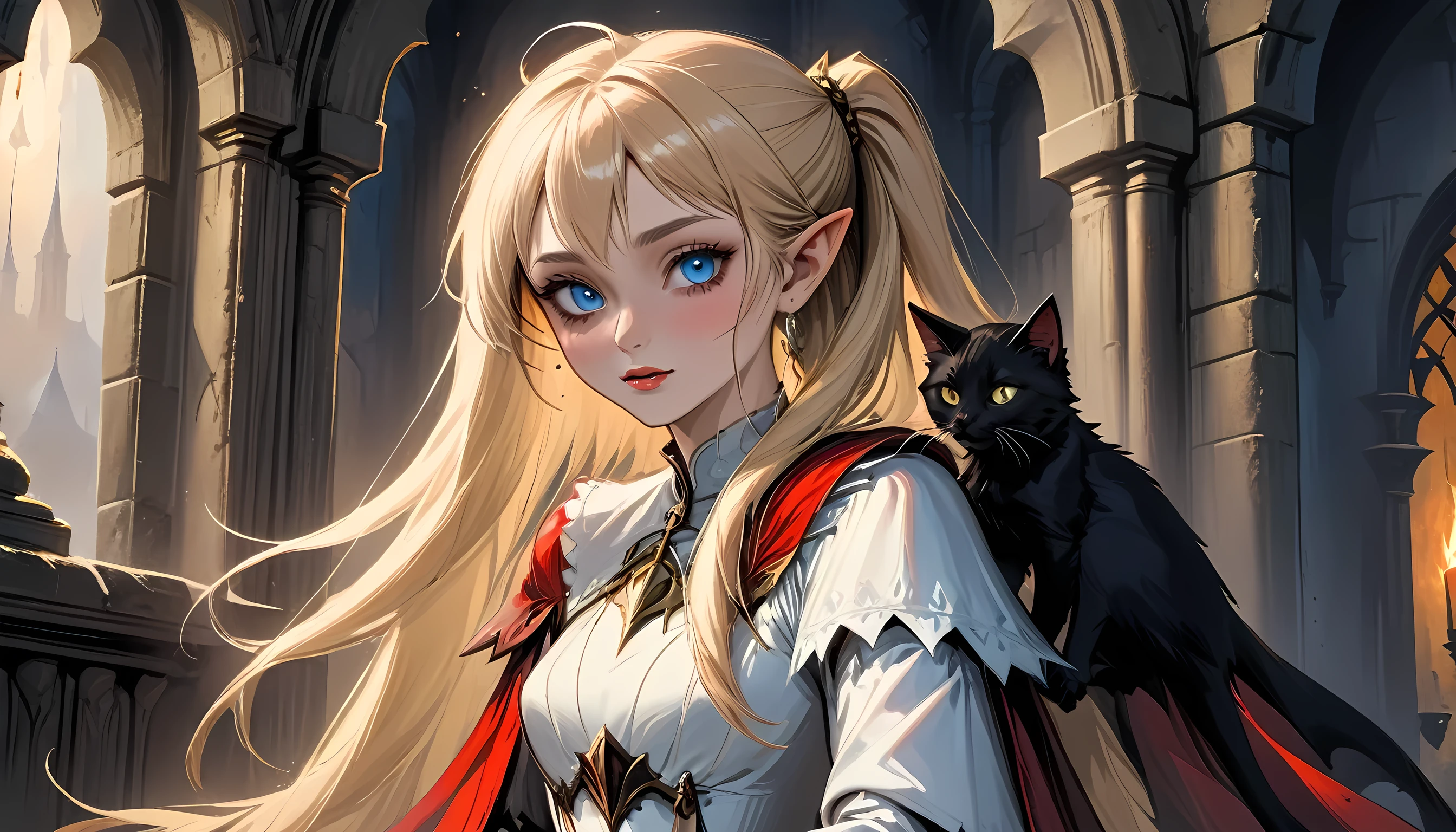 Arafed ein Bild von Elf Vampir in ihrem Schloss und ihre Haustier epische Katze eine exquisite schöne weibliche Elf Vampir (ultra details, Meisterwerk, beste Qualität), blutiger Mund, blonde Haare, blasse Haut, Haare in einem Pferdeschwanz, lange Haare, blaue Augen, Kalte Augen, grinsend, trägt weißes Kleid (ultra details, Meisterwerk, beste Qualität), Roter Umhang, in der Dark Fantasy Bibliothek, mit einem ((Große Katze: 1.3)) (ultra details, Meisterwerk, beste Qualität: 1.5) Bücherregale, Arafed hohe Details, beste Qualität, 16k, [Extrem detailliert], Meisterwerk, beste Qualität, (Extrem detailliert), Ganzkörper, Ultraweite Aufnahme, Fotorealismus, roh, Dunkle Fantasy-Kunst, gotische Kunst, Gepanzertes Kleid, dunkler Roman, Malstil der dunklen Kunst