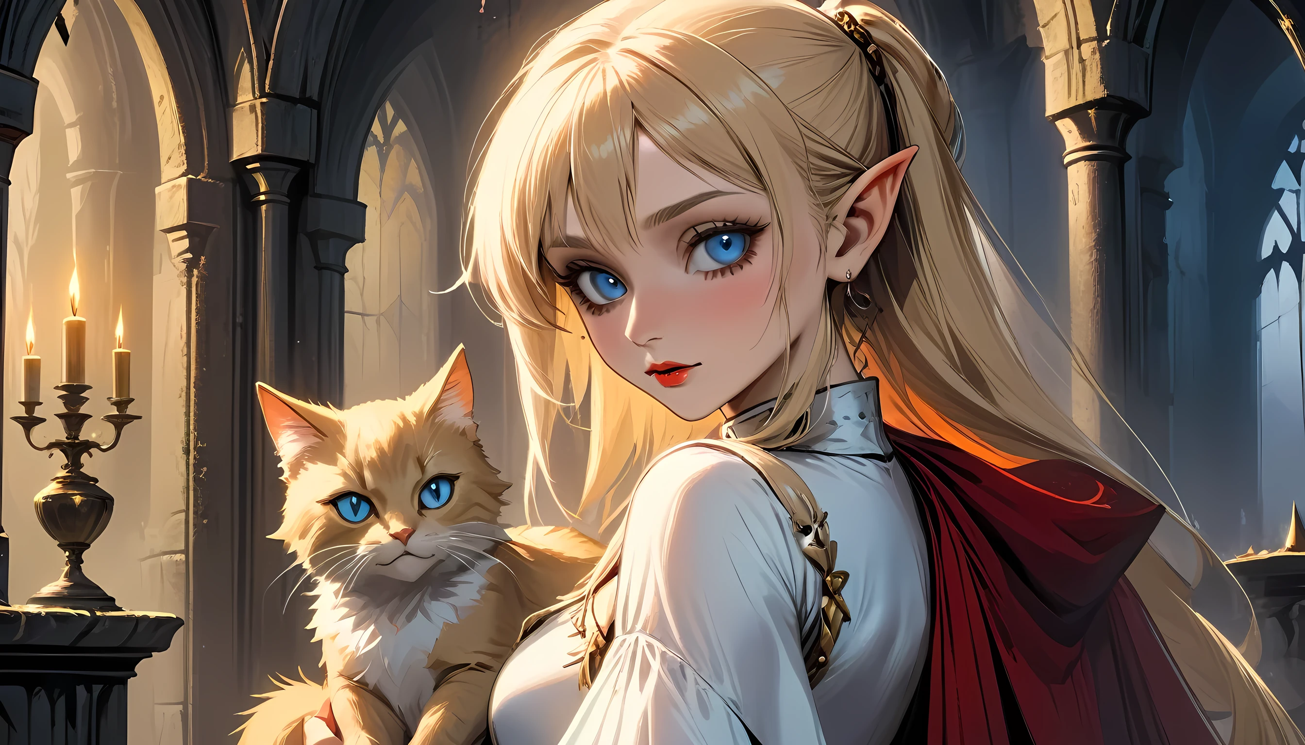 arafed a picture of elf vampire in her castle and her pet epic cat an exquisite beautiful female elf vampire (ultra details, Masterpiece, best quality), bloody mouth blond hair, pale skin, hair in a ponytail, long hair, blue eyes, cold eyes, smirking, wearing white dress (ultra details, Masterpiece, best quality), red cloak, in dark fantasy library, with an ((big cat: 1.3)) (ultra details, Masterpiece, best quality: 1.5) book shelves, arafed high details, best quality, 16k, [ultra detailed], masterpiece, best quality, (ultra detailed), full body, ultra wide shot, photorealism, RAW, dark fantasy art, gothic art, ArmoredDress, Dark Novel, Dark Art Painting Style