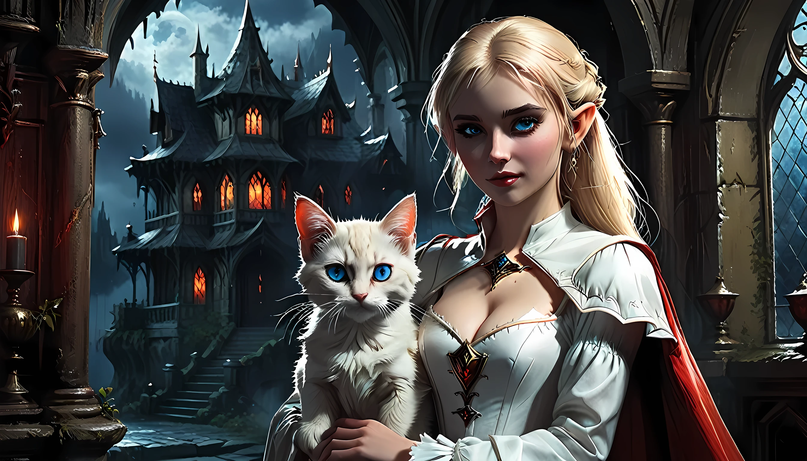 arafed a picture of elf vampire in her castle and her pet epic cat an exquisite beautiful female elf vampire (ultra details, Masterpiece, best quality), bloody mouth blond hair, pale skin, hair in a ponytail, long hair, blue eyes, cold eyes, smirking, wearing white dress (ultra details, Masterpiece, best quality), red cloak, in dark fantasy library, with an ((big cat: 1.3)) (ultra details, Masterpiece, best quality: 1.5) book shelves, arafed high details, best quality, 16k, [ultra detailed], masterpiece, best quality, (ultra detailed), full body, ultra wide shot, photorealism, RAW, dark fantasy art, gothic art, ArmoredDress, Dark Novel, Dark Art Painting Style