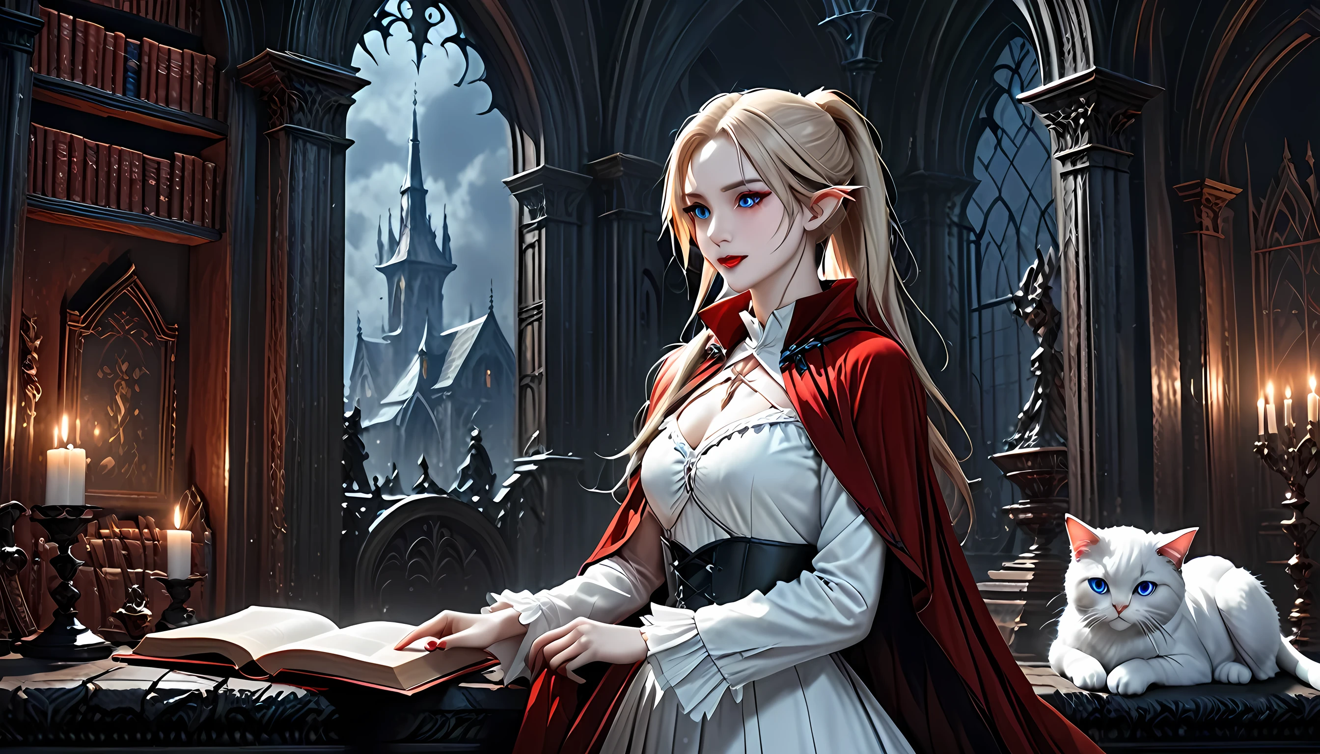 arafed a picture of elf vampire in her castle and her pet epic cat an exquisite beautiful female elf vampire (ultra details, Masterpiece, best quality), bloody mouth blond hair, pale skin, hair in a ponytail, long hair, blue eyes, cold eyes, smirking, wearing white dress (ultra details, Masterpiece, best quality), red cloak, in dark fantasy library, with an ((big cat: 1.3)) (ultra details, Masterpiece, best quality: 1.5) book shelves, arafed high details, best quality, 16k, [ultra detailed], masterpiece, best quality, (ultra detailed), full body, ultra wide shot, photorealism, RAW, dark fantasy art, gothic art, ArmoredDress, Dark Novel, Dark Art Painting Style, Bloodborne