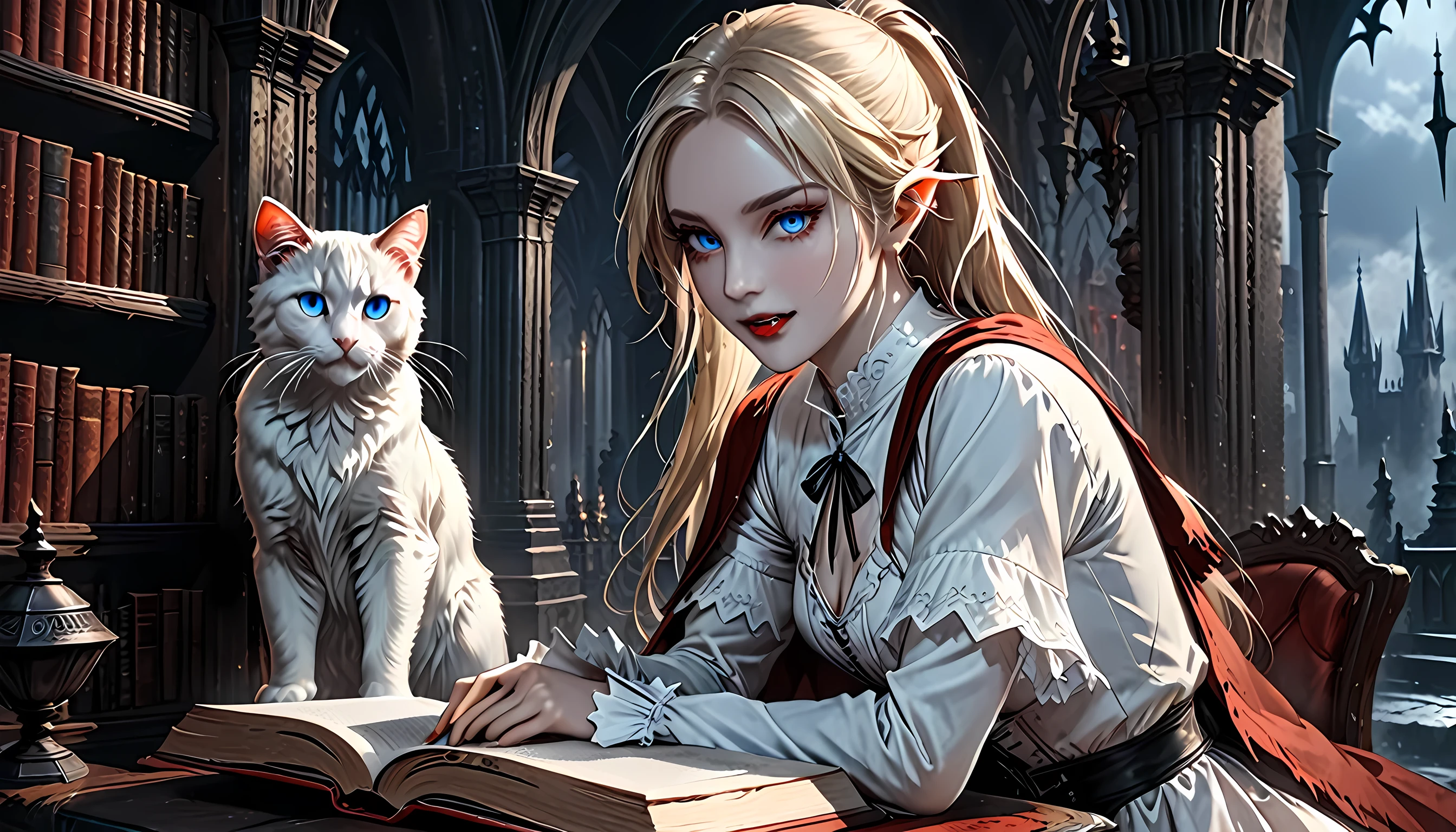 Fotografió una foto de un vampiro elfo en su castillo y su mascota, un gato épico, una hermosa y exquisita vampira elfa. (ultra detalles, Obra maestra, mejor calidad), boca sangrienta pelo rubio, piel pálida, pelo en una cola de caballo, pelo largo, blue eyes, Ojos fríos, sonriendo, vistiendo un vestido blanco (ultra detalles, Obra maestra, mejor calidad), capa roja, en la biblioteca de fantasía oscura, con un ((Gato grande: 1.3)) (ultra detalles, Obra maestra, mejor calidad: 1.5) estantes para libros, detalles altos arafed, mejor calidad, 16k, [Ultra detallado], Obra maestra, mejor calidad, (Ultra detallado), cuerpo completo, tiro ultra amplio, photorealism, CRUDO, Arte de fantasía oscura, arte gótico, blindadovestido, Novela oscura, Estilo de pintura de arte oscuro, transmitido por la sangre