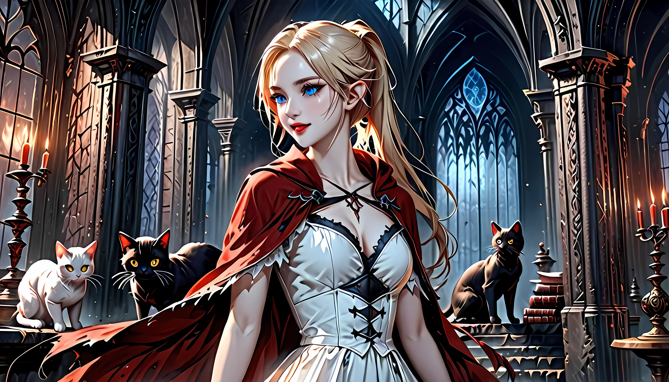arafed a picture of elf vampire in her castle and her pet epic cat an exquisite beautiful female elf vampire (ultra details, Masterpiece, best quality), bloody mouth blond hair, pale skin, hair in a ponytail, long hair, blue eyes, cold eyes, smirking, wearing white dress (ultra details, Masterpiece, best quality), red cloak, in dark fantasy library, with an ((big cat: 1.3)) (ultra details, Masterpiece, best quality: 1.5) book shelves, arafed high details, best quality, 16k, [ultra detailed], masterpiece, best quality, (ultra detailed), full body, ultra wide shot, photorealism, RAW, dark fantasy art, gothic art, ArmoredDress, Dark Novel, Dark Art Painting Style, Bloodborne