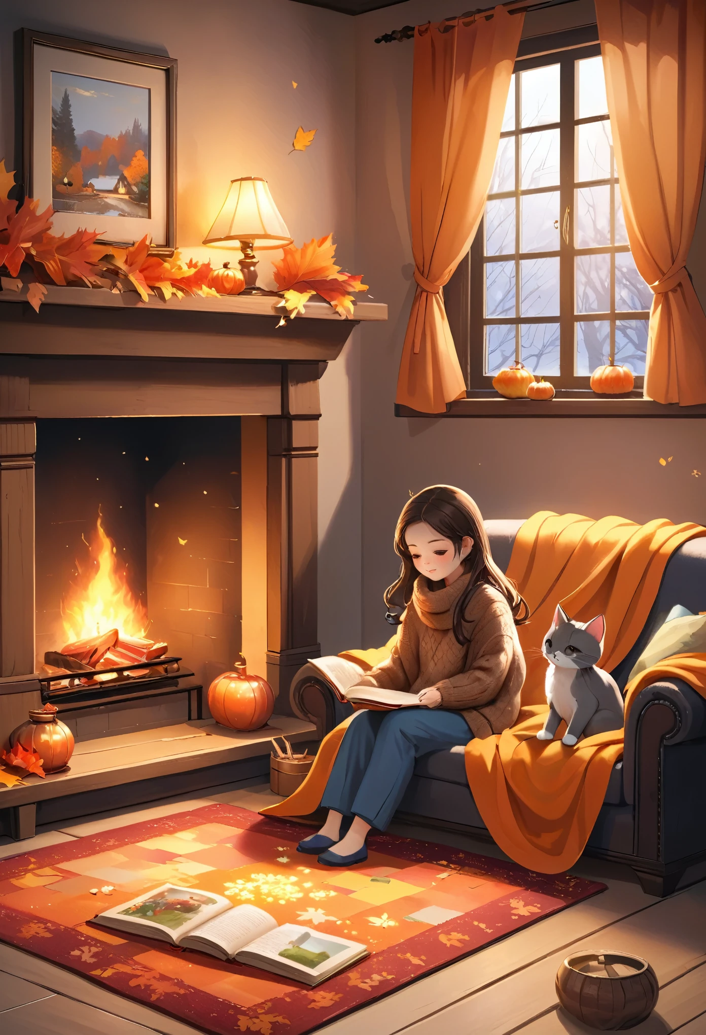 Warm wooden living room。The large stone fireplace is lit with firewood.、The flickering orange flames emit a warm light.。A colorful patchwork rug is laid out in front of the fireplace.、A girl wrapped in a blanket is sitting on it.。The girl has long brown hair、Wearing a hand-knitted sweater and leggings。She picked up an old picture book、Turning the pages。Next to it、A small grey cat sleeping curled up with its face buried in the edge of a blanket。
Outside the window、The last leaves of autumn flutter in the wind、The signs of winter are gradually beginning to appear。Fallen leaves paint the ground colorfully.、Distant Tree々is beginning to shed its leaves。Handmade autumn wreaths are displayed in the windows.、Feel the change of seasons。
Family photos and candles are lined up above the fireplace.、A warm light illuminates the room。The crackling of the fireplace、The sound of the cold wind blowing outside、It creates a quiet and peaceful atmosphere。
There is a small wooden bookshelf in the corner of the room.、There are rows of old picture books and handmade dolls.。At the feet of the girl、Cat toys scattered all over the place、I can see traces of play。
The girl&#39;s expression is calm.、sometimes、You can see her gently stroking the cat.。The cat makes a small purring sound each time, looking pleased.。The whole room is filled with warm light and a sense of security.、Quiet and calm time passes.。