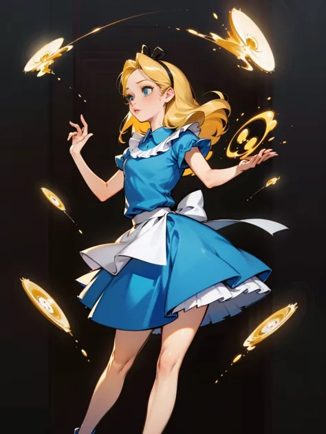 obra maestra, 1 chica, solo, turn her into a sexy Alice in Wonderland with blonde hair, vestido azul claro con delantal blanco, ...