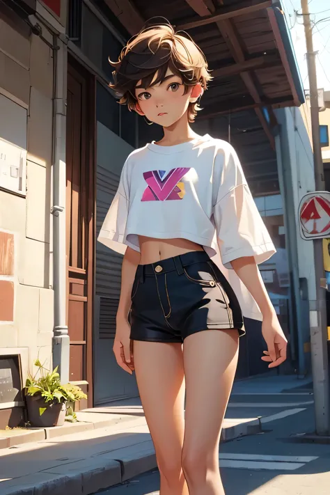 Teen boy 14 years old, boy wears a crop shirt and too very short mini shorts, beautiful legs, hot summer, highest quality,