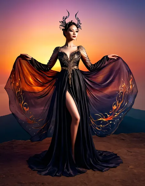 Full body shot of a fairy queen of darkness, elegant, with wings that seem made of fire. Pearly silk clothing, with delicate sha...