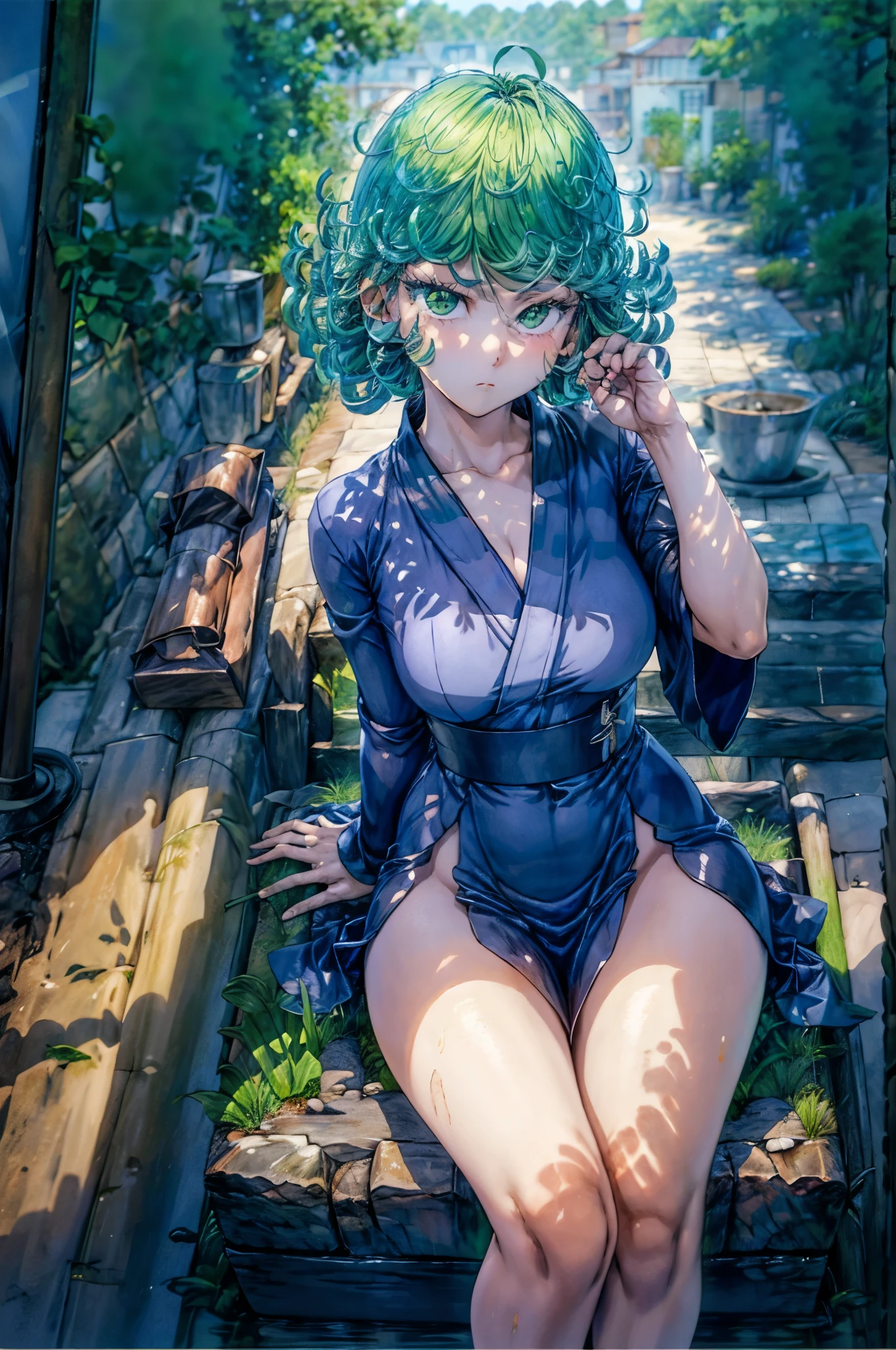 (Masterpiece, Best Quality:1.2), solo, 1girl, tatsumaki, unamused, closed mouth, looking a viewer, hand on our face, sitting, Short black kimono ,big thighs,crossing leg