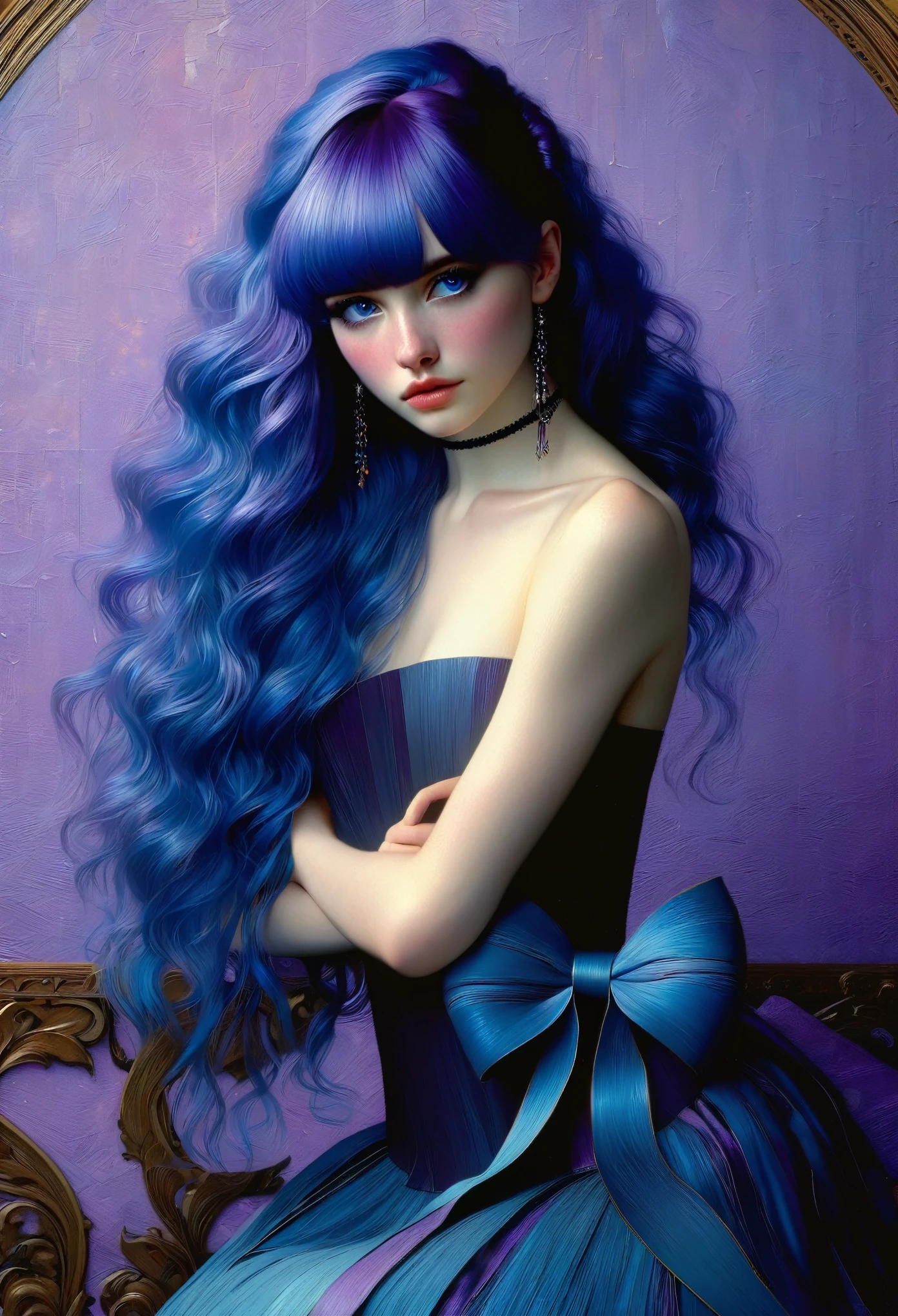 young frederica bernkastel, bangs, blue bow, blue hair, blunt bangs, bow, breast hold,  cat tail, crossed arms, dress, long hair, long sleeves, purple eyes ((style of Casey-Baugh)), Renaissance, pin-dot art,((oil painting knife)), rainessanse older gradient, Complex details, intricate, aesthetics, ((best quality, Masterpiece)),
((Highest detail), Octane rendering, 8K  