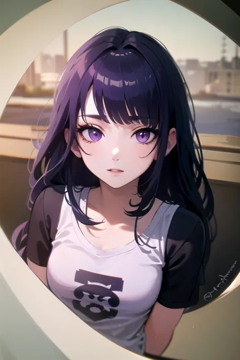 ((best quality)), ((masterpiece)), (detailed), perfect face. Asian girl. Purple hair. Purple eyes. T-shirt.