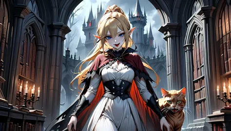 arafed a picture of elf vampire in her castle and her pet epic cat an exquisite beautiful female elf vampire (ultra details, Mas...