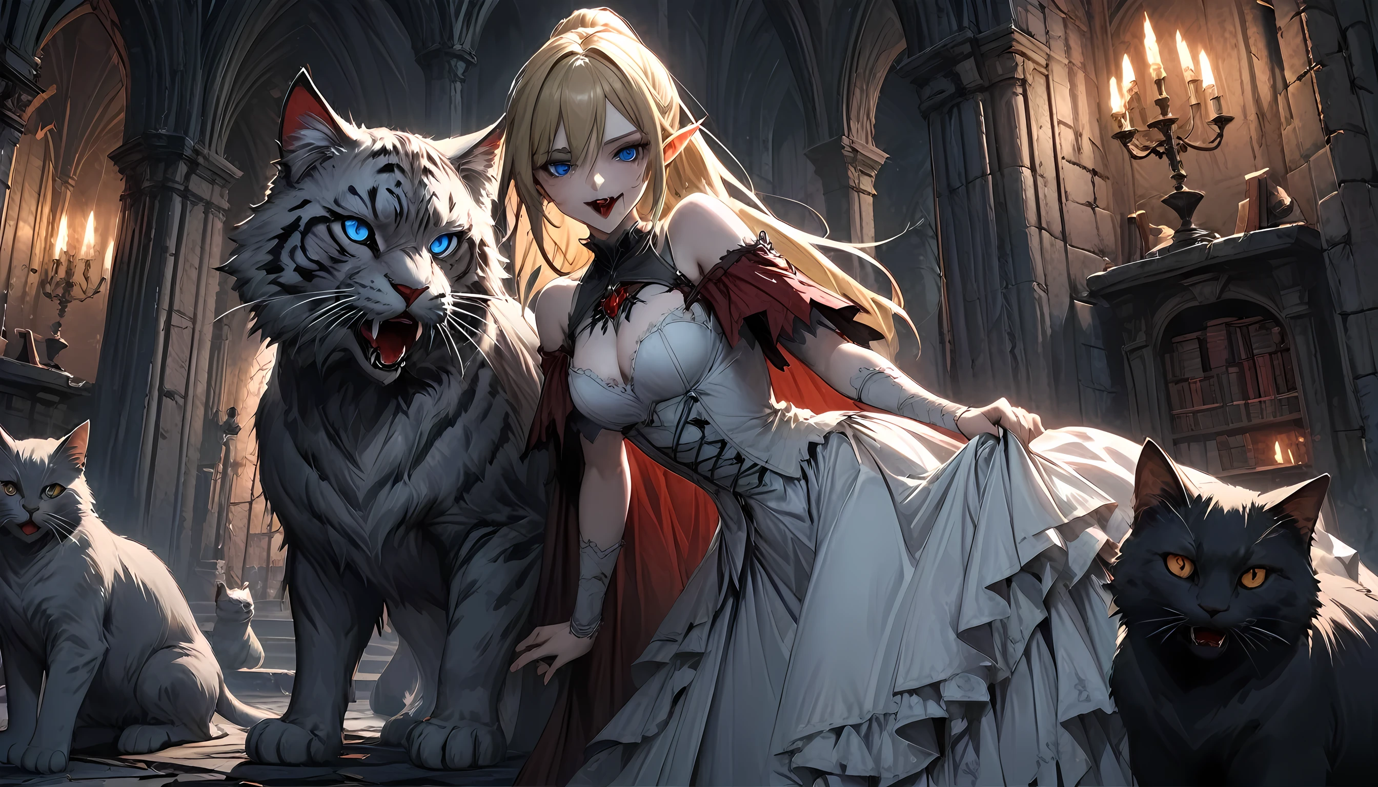 arafed a picture of elf vampire in her castle and her pet epic cat an exquisite beautiful female elf vampire (ultra details, Masterpiece, best quality), bloody mouth blond hair, pale skin, hair in a ponytail, long hair, blue eyes, cold eyes, smirking, wearing white dress (ultra details, Masterpiece, best quality), red cloak, in dark fantasy library, with an ((big cat: 1.3)) (ultra details, Masterpiece, best quality: 1.5) book shelves, arafed high details, best quality, 16k, [ultra detailed], masterpiece, best quality, (ultra detailed), full body, ultra wide shot, photorealism, RAW, dark fantasy art, gothic art, ArmoredDress, Dark Novel, Dark Art Painting Style, Bloodborne