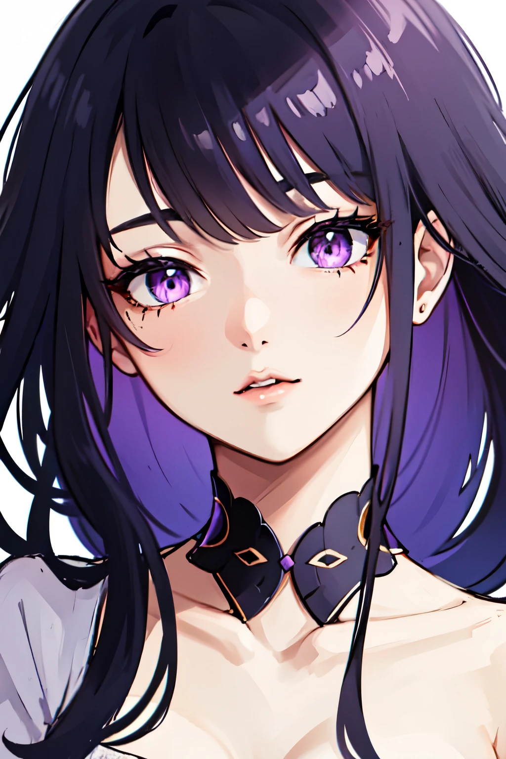 ((best quality)), ((masterpiece)), (detailed), perfect face. Asian girl. Purple hair. Purple eyes. T-shirt.