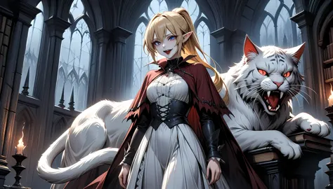 arafed a picture of elf vampire in her castle and her pet epic cat an exquisite beautiful female elf vampire (ultra details, Mas...