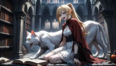 arafed a picture of elf vampire in her castle and her pet epic cat an exquisite beautiful female elf vampire (ultra details, mas...