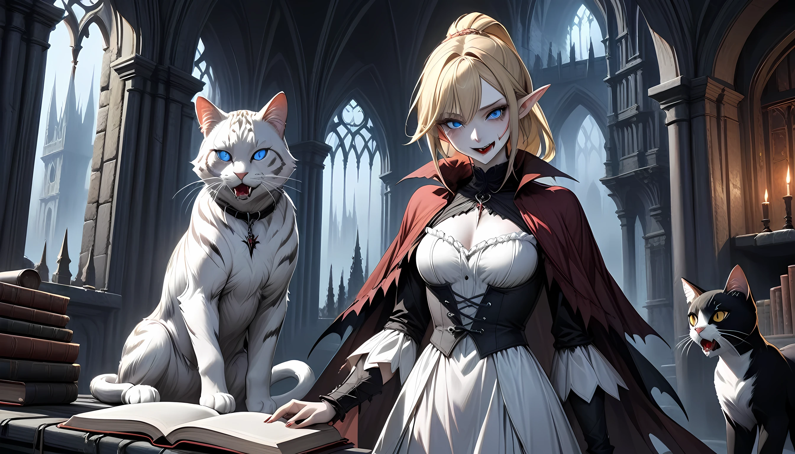 arafed a picture of elf vampire in her castle and her pet epic cat an exquisite beautiful female elf vampire (ultra details, Masterpiece, best quality), bloody mouth blond hair, pale skin, hair in a ponytail, long hair, blue eyes, cold eyes, smirking, wearing white dress (ultra details, Masterpiece, best quality), red cloak, in dark fantasy library, with an ((big cat: 1.3)) (ultra details, Masterpiece, best quality: 1.5) book shelves, arafed high details, best quality, 16k, [ultra detailed], masterpiece, best quality, (ultra detailed), full body, ultra wide shot, photorealism, RAW, dark fantasy art, gothic art, ArmoredDress, Dark Novel, Dark Art Painting Style, Bloodborne