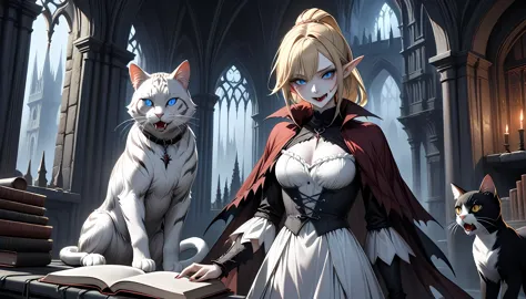 arafed a picture of elf vampire in her castle and her pet epic cat an exquisite beautiful female elf vampire (ultra details, mas...