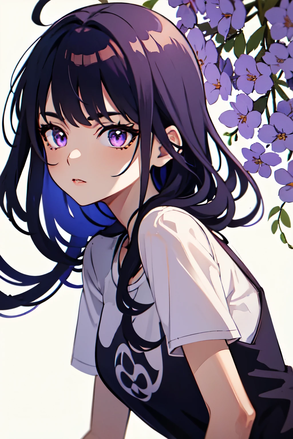 ((best quality)), ((masterpiece)), (detailed), perfect face. Asian girl. Purple hair. Purple eyes. T-shirt.