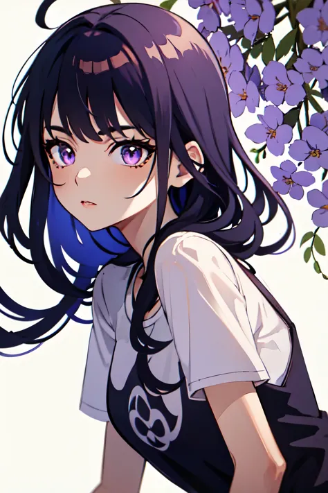 ((best quality)), ((masterpiece)), (detailed), perfect face. asian girl. purple hair. purple eyes. t-shirt.