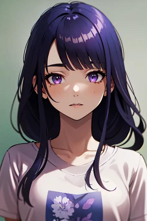 ((best quality)), ((masterpiece)), (detailed), perfect face. Asian girl. Purple hair. Purple eyes. T-shirt.