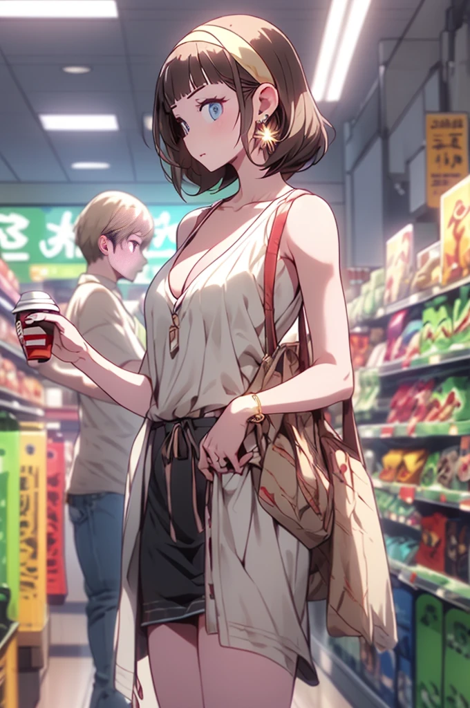 (masterpiece, Best Quality, ultra-detailed, high resolution, extremely detailed CG, official art, Professional Lighting, Perfect Anatomy, anime colors), (from below), looking at viewer, cowboy shot, perfect body, a 24yo beautiful girl, sidelocks, hairband, earrings,medium hips, glamorous body,a small face,beautiful-makeup,Makeup light,dark brown hair, Amazing Cleavage, thin waist, cute ass, Raised sexy, small breast: 1.2 posed cleavage:1.2, (off shoulders,Denimbra,legginullnude), micro denim shorts, bare legs, nail_polish, pale skin, Waiting friend, (morning:1.5), tokyo, (convenience store:1.3), outdoor, (depth of field:1.3), contrapposto, (Hold a coffee in your hand:1.3),delicate beautiful face, Bright blue eyes, cute eyes, sparkling eyes, Big eyes, (perky chest:1.1), (pointed chest:1.3), looking at viewer,
