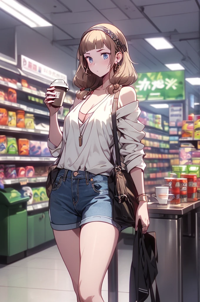 (masterpiece, Best Quality, ultra-detailed, high resolution, extremely detailed CG, official art, Professional Lighting, Perfect Anatomy, anime colors), (from below), looking at viewer, cowboy shot, perfect body, a 24yo beautiful girl, sidelocks, hairband, earrings,medium hips, glamorous body,a small face,beautiful-makeup,Makeup light,dark brown hair, Amazing Cleavage, thin waist, cute ass, Raised sexy, small breast: 1.2 posed cleavage:1.2, (off shoulders,Denimbra,legginullnude), micro denim shorts, bare legs, nail_polish, pale skin, Waiting friend, (morning:1.5), tokyo, (convenience store:1.3), outdoor, (depth of field:1.3), contrapposto, (Hold a coffee in your hand:1.3),delicate beautiful face, Bright blue eyes, cute eyes, sparkling eyes, Big eyes, (perky chest:1.1), (pointed chest:1.3), looking at viewer,
