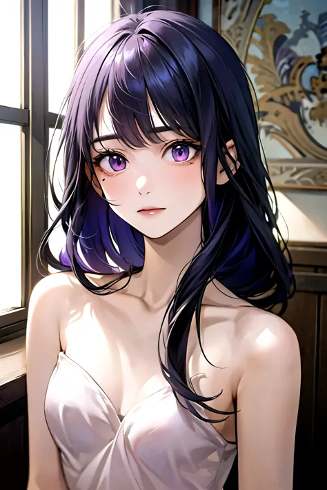 ((best quality)), ((masterpiece)), (detailed), perfect face. Asian girl. Purple hair. Purple eyes. Topless.