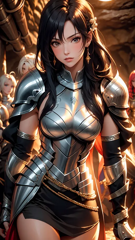 A group of  female knights, (in cave), various hair styles, harem, wearing armored clothes, metal armor, night, details face, sh...