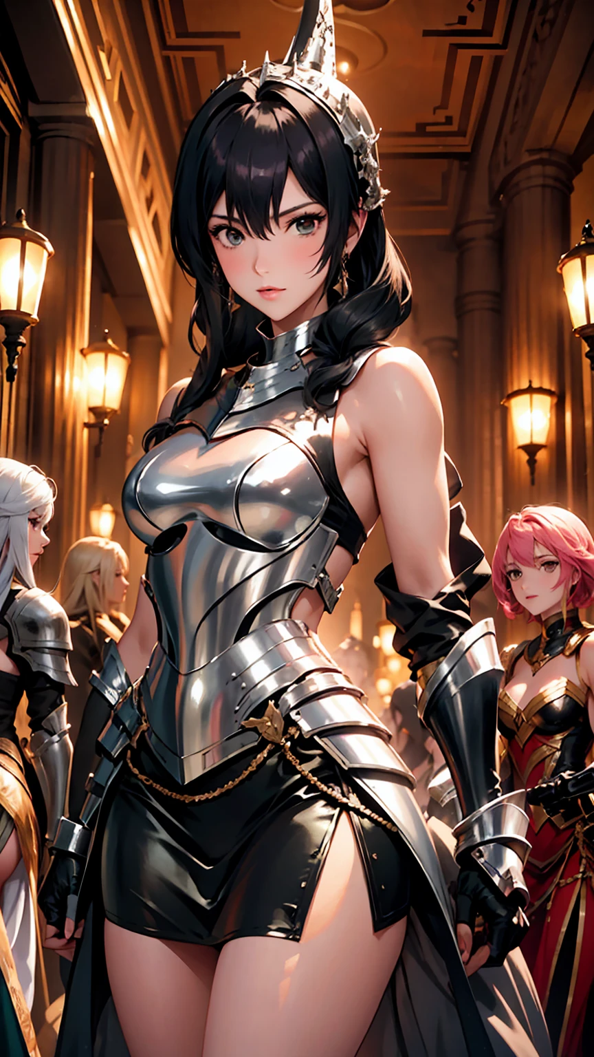 A group of  female knights, (in cave), various hair styles, harem, wearing armored clothes, metal armor, night, details face, short skirt, seducing, sword, sleeveless 