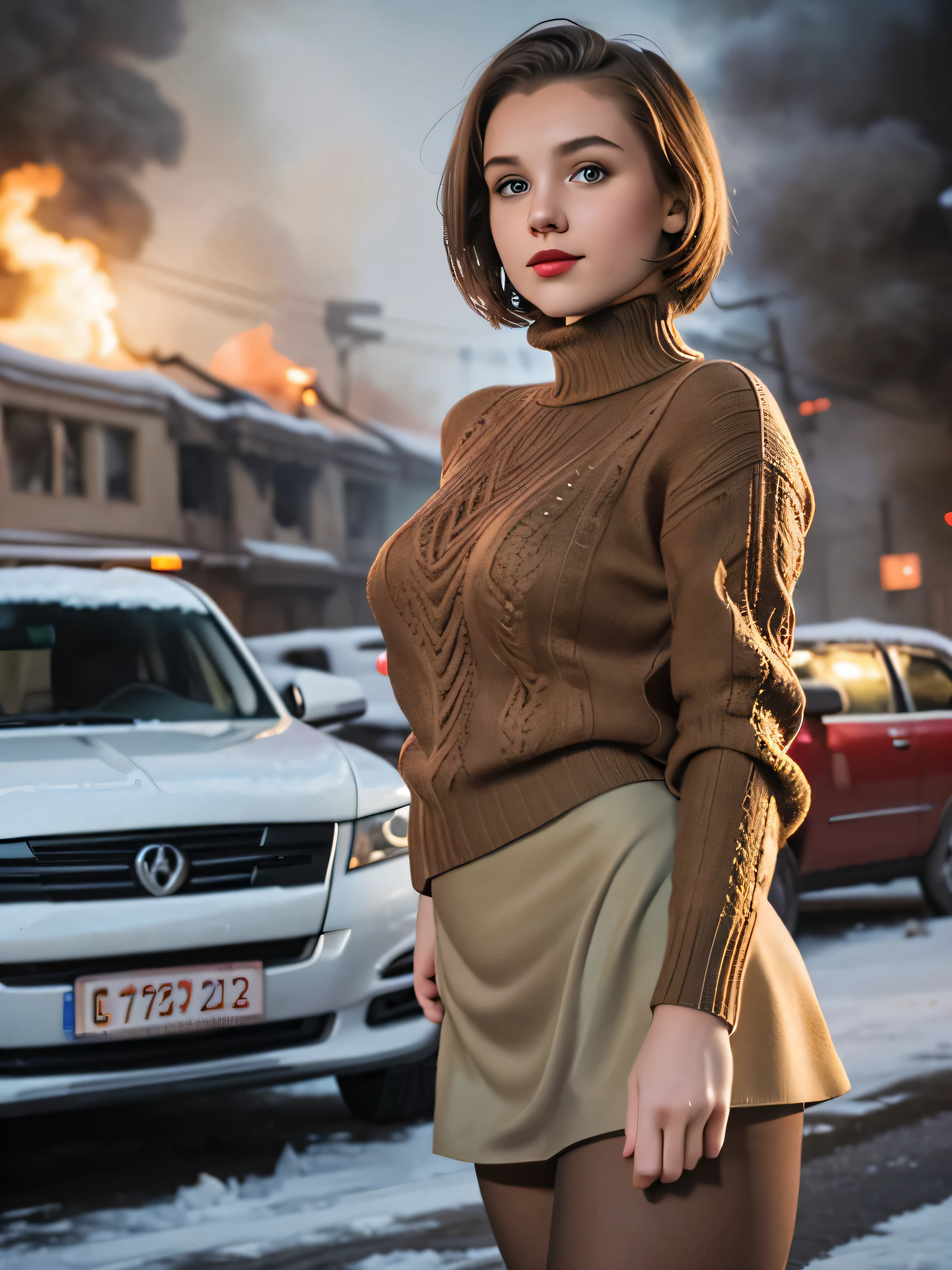 (((hd closeup photo))) beautiful young Russian teen, green eyes wearing short skirt, standing on busy street corner, heavy snowing, short brown hair, flesh colored pantyhose, red lipstick, black turtleneck sweater, morning light, year 1941, cars in background, burning buildings, smoke