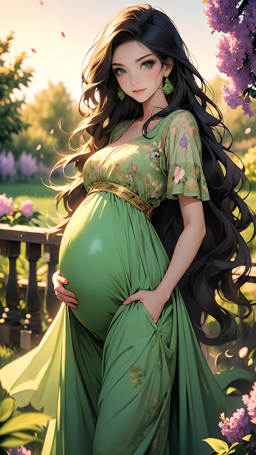 ((masterpiece, Best quality, a high resolution, ultra detailed),(Beautiful and aesthetically pleasing:1.2), detailed eyes and face, whole body, 1 woman, adult, (black long wavy hair), ((green eyes)), female body, Beautiful body, perfect body, flirtatious smile, ardent look, soft color maternity jumpsuit with print, bare feet, A walk in the garden, flower garden, evening, golden hour, many colors, apple trees bloom, Lilacs are blooming, pregnancy, small belly