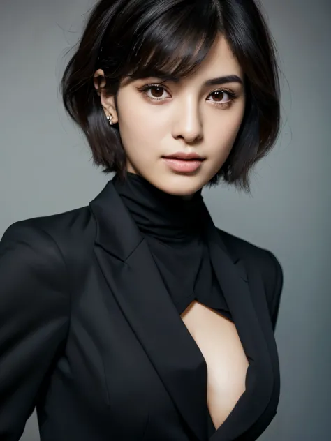 A pretty Persian girl, medium short cut hair, realistic, wearing business suits, perfect face, medium large breast, 25 years old...