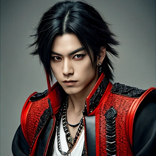 1 Japanese rocker, male, Asian eyes, muscular, broad shoulders, dragon, hairstyle in Visual Kei style, hair Visual Kei, outfit rocker,  ultra-detailed face and eyes, hyper-realistic, realistic representation, 30 years old, age 30 years, full body, black and blonde hair 