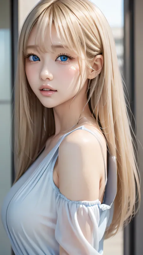 the shining, clear, white skin、her windblown blonde hair hides her beautiful face.、huge、28 years old、cute sexy little beautiful ...