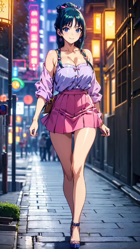 ((best quality)), ((masterpiece)), (anime), a beautiful sexy woman walking down the street in a short skirt, a blouse and high p...