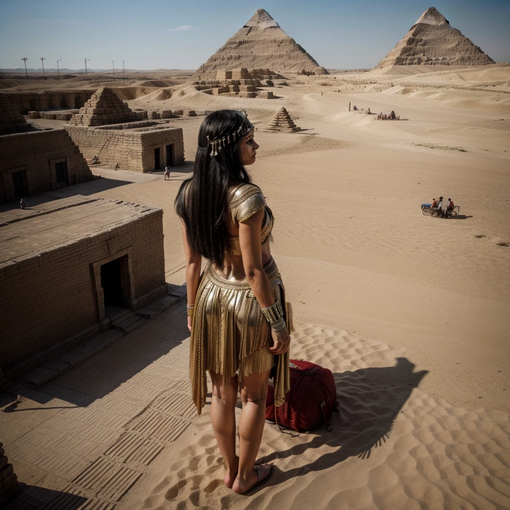 cleopatra stand by pyramid with shrunken people from behind  turned into a giant taller than pyramids 