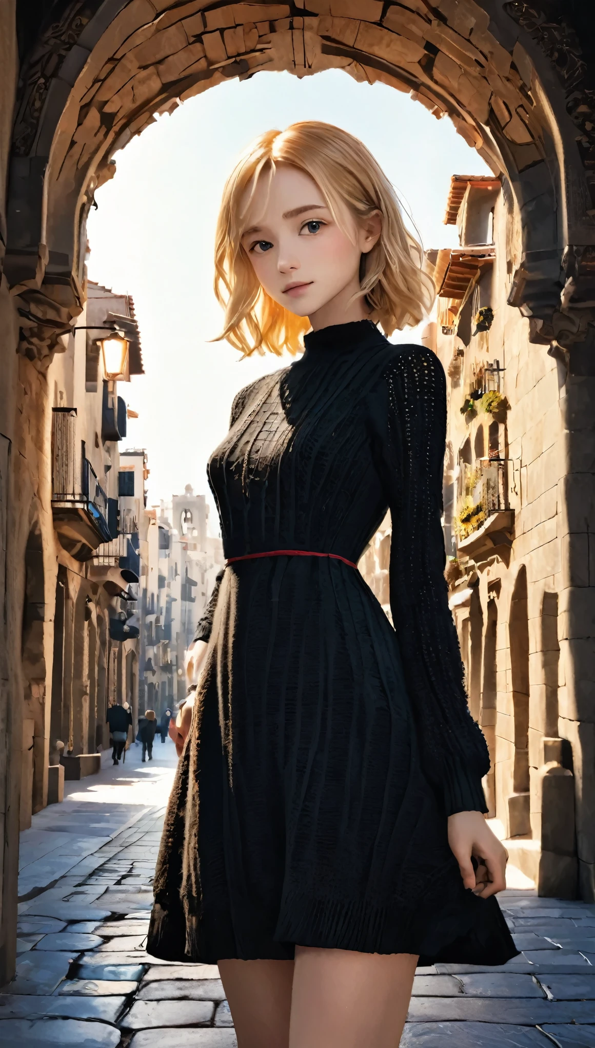 One Girl、Characteristic hairstyle、Blonde Hair、(((Malaise)))、Small eyes、Fuller lips、(((１６talent)))、(Knitted dress、Black tight dress:1.5)、Outdoor、Spanish cityscape、Barcelona、Gaudi architecture、Old Townscape、highest quality、Ultra-high resolution、Very detailed、masterpiece:1.5、８ｋ、Movie section、Perfect Anatomy、Cinema Lighting、50ｍｍPhotographed with a lens、Professional Photographer、