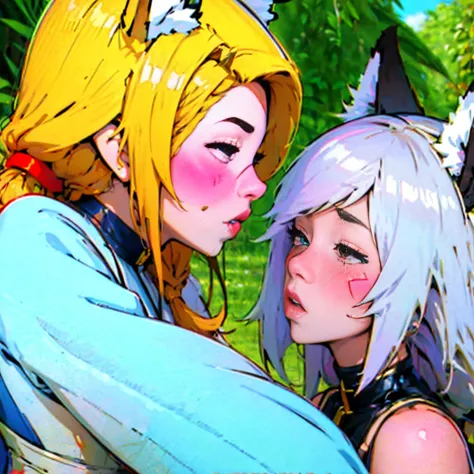 (masterpiece, best quality:1.2), Emoticon packages,red eyes，white hair，fox ears，pitiful，blush，looking down while 2girlskiss each...
