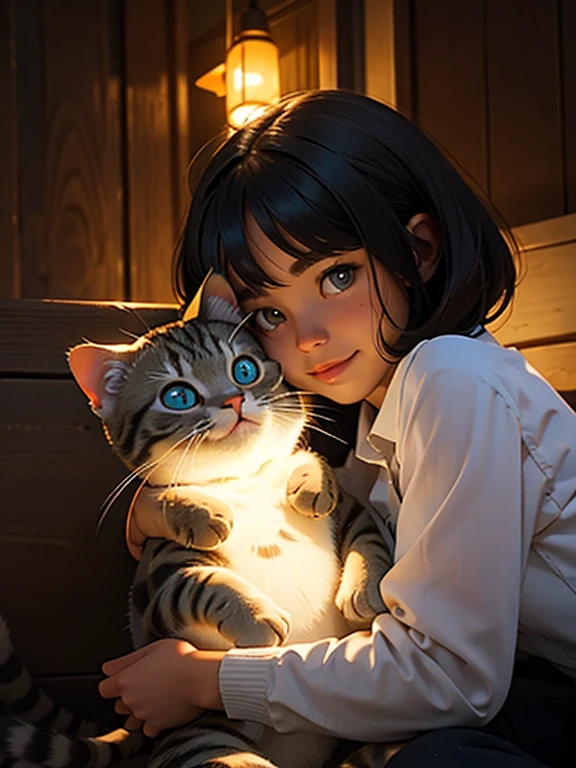 A cute kitty, sitting in the evening with light of the flashlight, kitty has a happy kitty face, featuring atmospheric details, high resolution, and warm lighting 