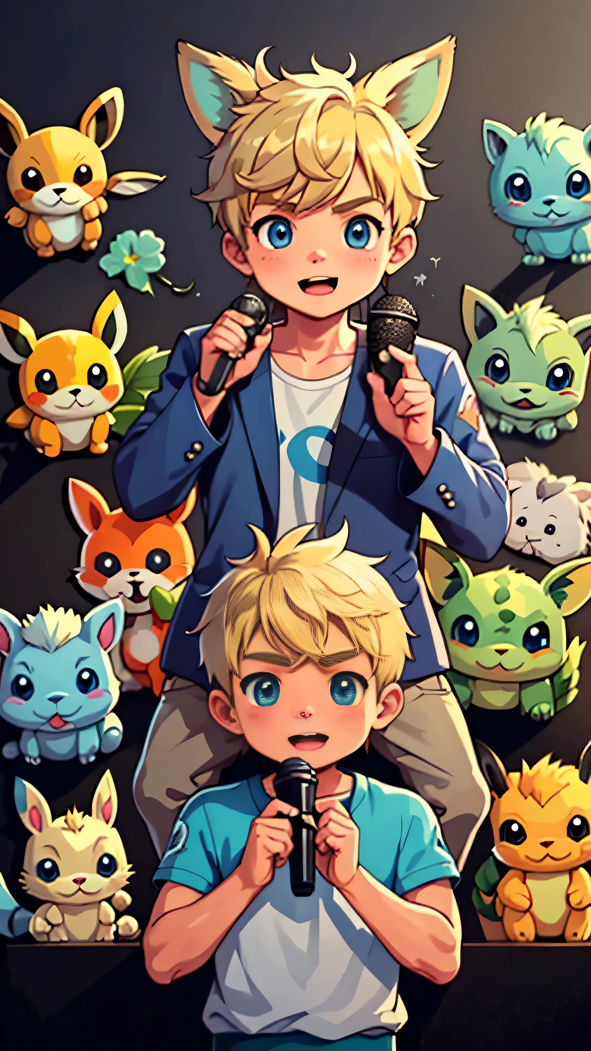 masterpiece, best quality, high-definition, RO1, Male focus, Blonde hair, Detailed face, Detailed eyes, Specular highlights, 1 boy, Steve Irwin, Holding a microphone, Speaking to a crowd, Pikachu, Vaporeon, Jolteon, and Bulbasaur on his shoulders, In a Pokemon Gym, Backdrop of a Pokemon Gym.