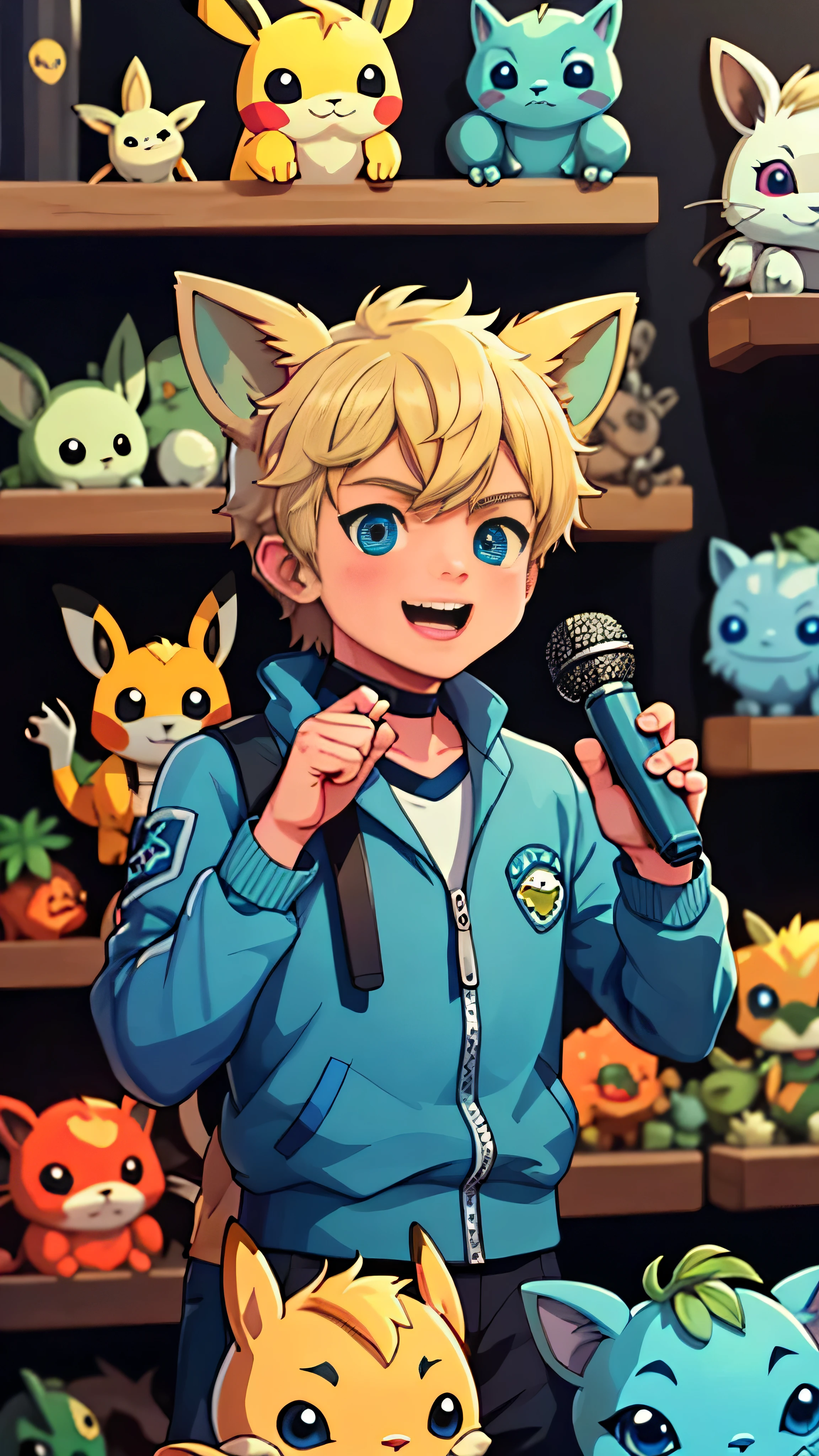 masterpiece, best quality, high-definition, RO1, Male focus, Blonde hair, Detailed face, Detailed eyes, Specular highlights, 1 boy, Steve Irwin, Holding a microphone, Speaking to a crowd, Pikachu, Vaporeon, Jolteon, and Bulbasaur on his shoulders, In a Pokemon Gym, Backdrop of a Pokemon Gym.