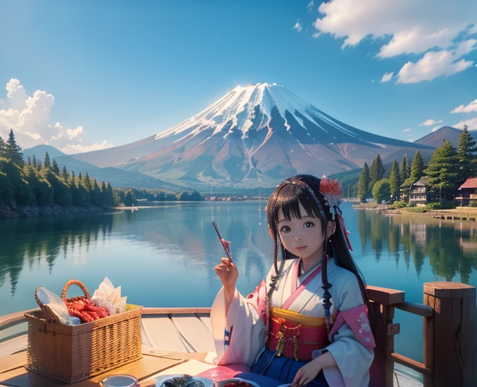 highest quality、Lakeside in front of the mountain、Mt fuji、summer、Daytime、Beautiful blue sky、outside of home、Young girl、Smile on the screen、Detailed beauty、picnic、Open the parasol、kimono、taisho roman 