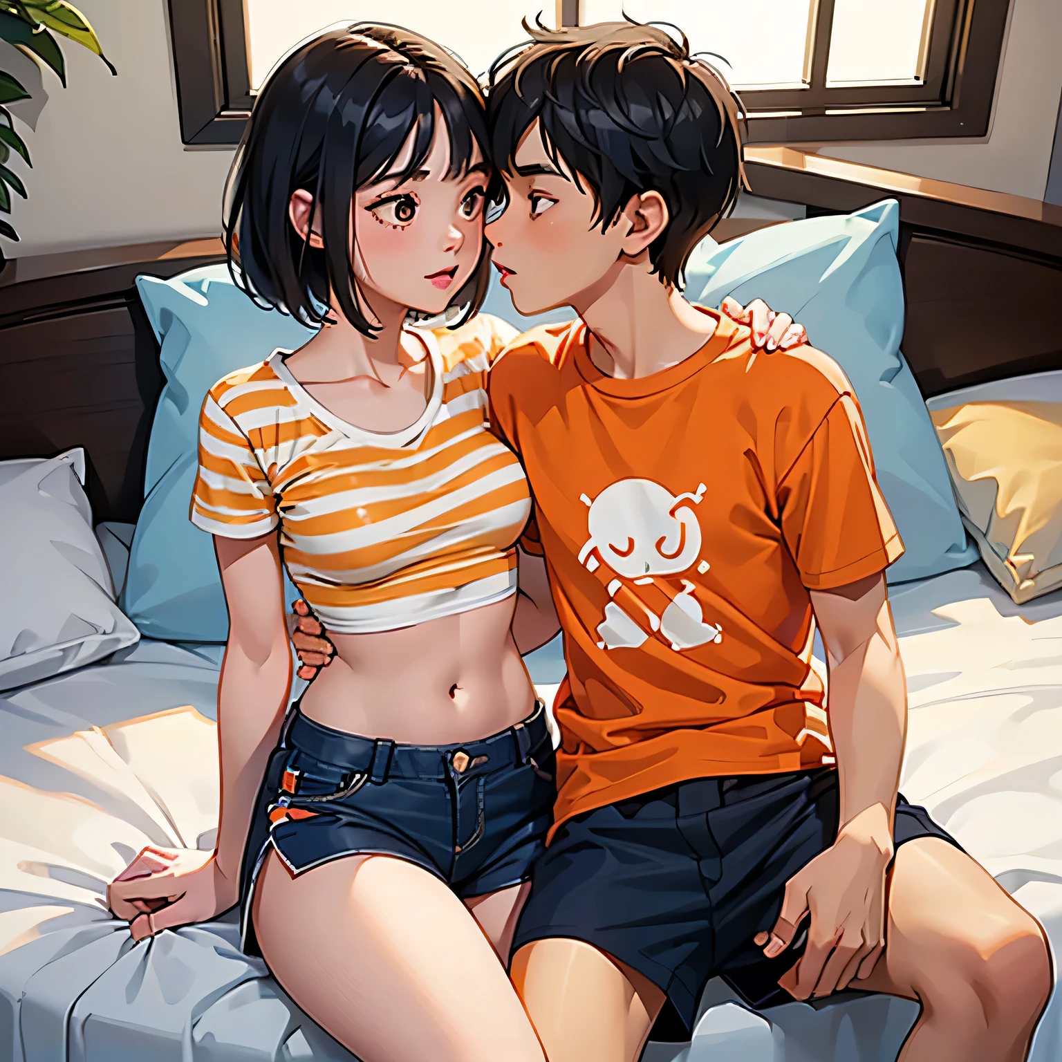 Amazing portrait of a young woman wearing white and orange striped t shirt and orange shorts and young boy wearing a navy blue t shirt and black shorts sitting on a bed together and kissing and making out passionately in a sexy and hot and lustful setting