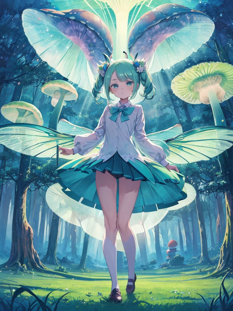 beautifully、aesthetic,, alone,cute,Aqua Green,Pleated skirt，dance，They have dragonfly-like wings and hymenoptera，mushroom，Giant mushroom，spore，(Sparkling atmosphere, Enchanting Sparkle, Bright lighting, Mysterious atmosphere,Watercolor illustration, Perfect Anatomy, masterpiece, highest quality, One girl, ,Primary school students,nature, landscape