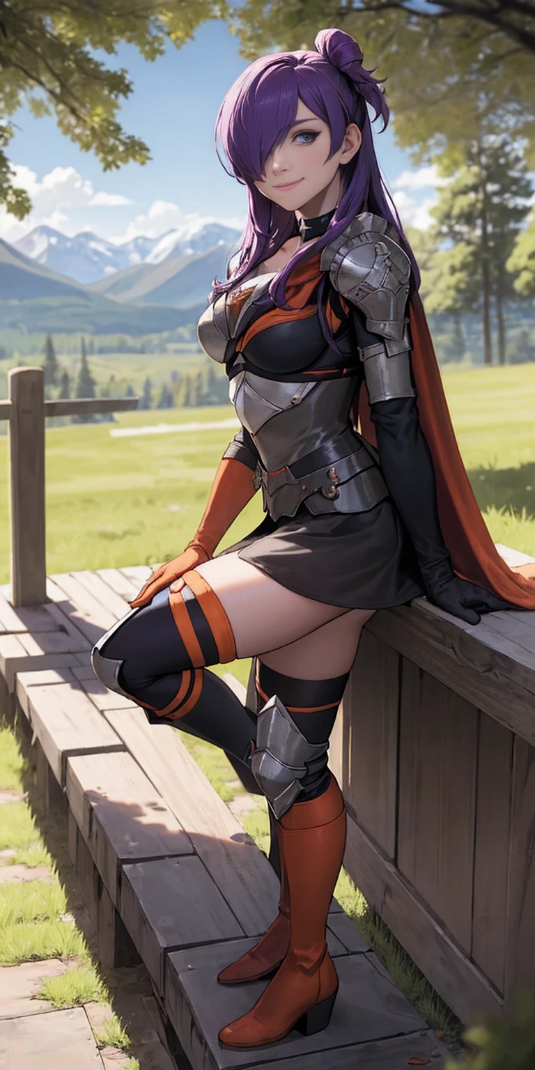 masterpiece, best quality, Shez, hair over one eye, choker, armor, cape, black dress, single glove, thigh highs, armored leg wear, orange boots, from side, standing, whole body, looking at viewer, smile, closed mouth, trees, mountains