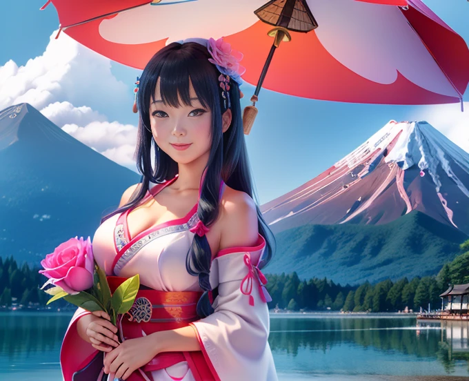 highest quality、Lakeside in front of the mountain、Mt fuji、summer、Daytime、Beautiful blue sky、outside of home、Young girl、Smile on the screen、Detailed beauty、picnic、Open the parasol、kimono、taisho roman 