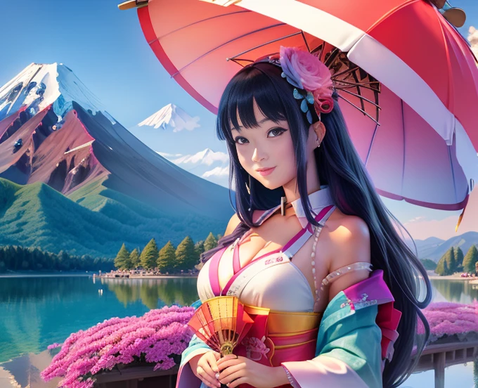 highest quality、Lakeside in front of the mountain、Mt fuji、summer、Daytime、Beautiful blue sky、outside of home、Young girl、Smile on the screen、Detailed beauty、picnic、Open the parasol、kimono、taisho roman 