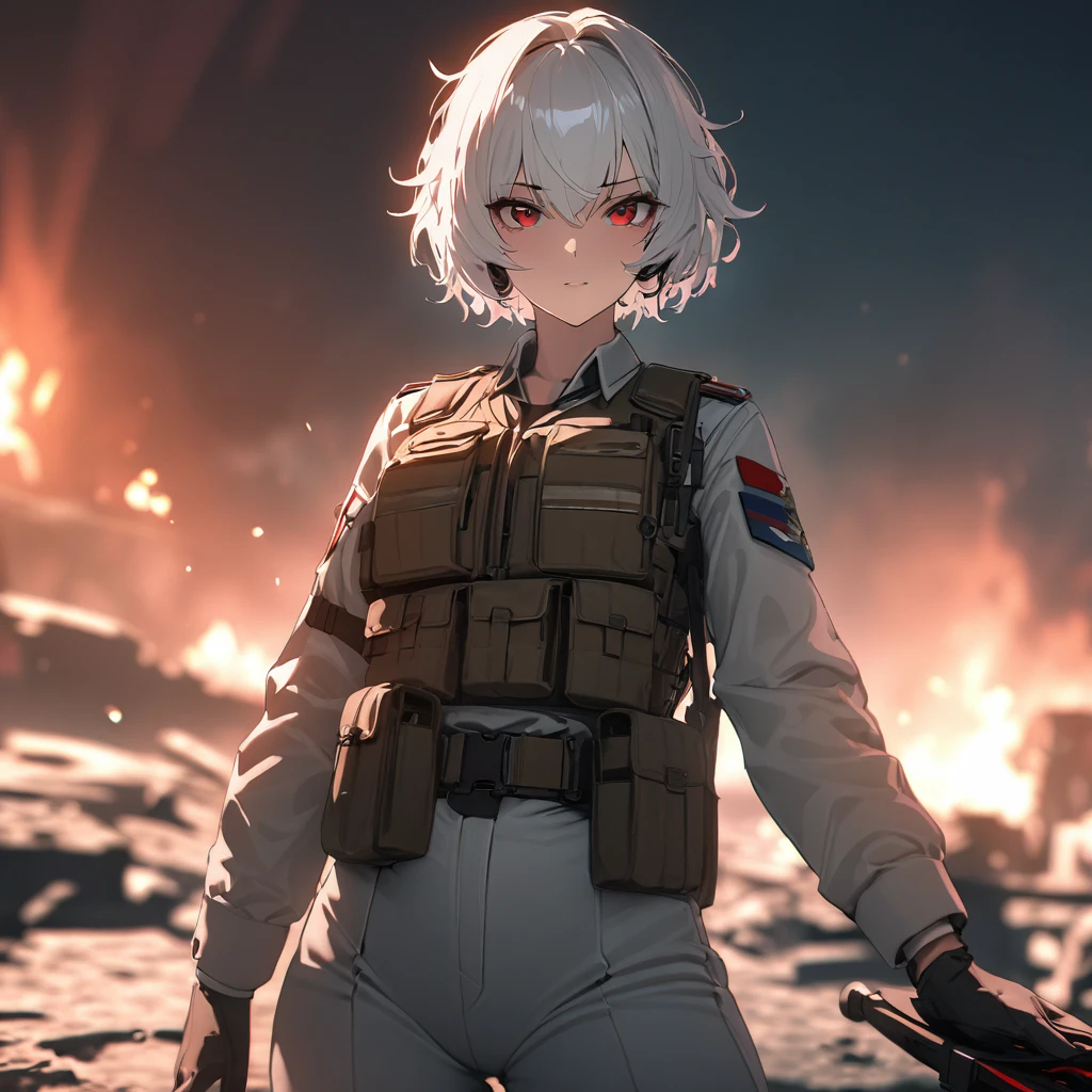 masterpiece , girl, On the battlefield, ( Light white short hair:1.2), (Red eyes:1.2), (Russian military uniforms:1.2), (View your viewers:1.2) , (8k, 最high quality 1.2), Super detailed, 8K Ultra HD, Soft lighting, high quality, Film Grain, Beautiful lighting, Cinematic ,Perfect body , Best lighting, Best Shadow, Sharpness, Contrast, Red glasses, Messy Hair, Tactical Vest, gloves, headset, Absurd high definition faces