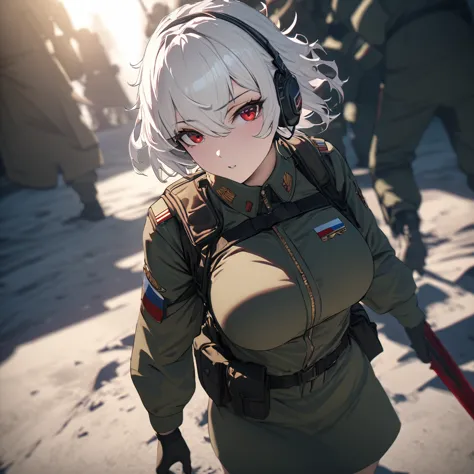 masterpiece , girl, on the battlefield, ( light white short hair:1.2), (red eyes:1.2), (russian military uniforms:1.2), (view yo...